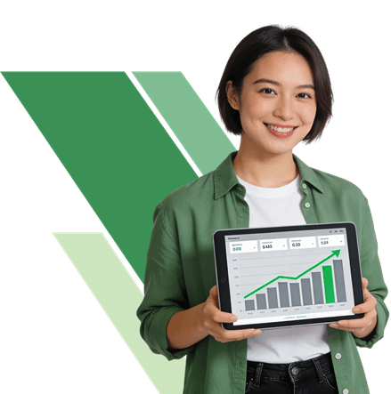 business woman holding tablet data analytics