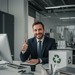 image of man sitting in recycling office