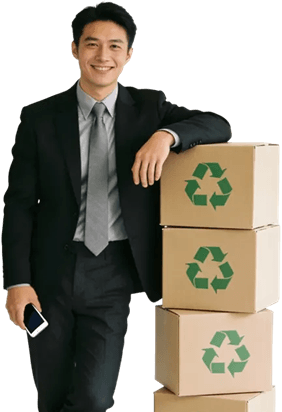 image of man standing with product boxes