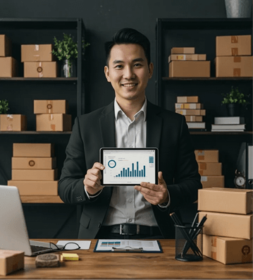 man with tablet and shipping boxes image