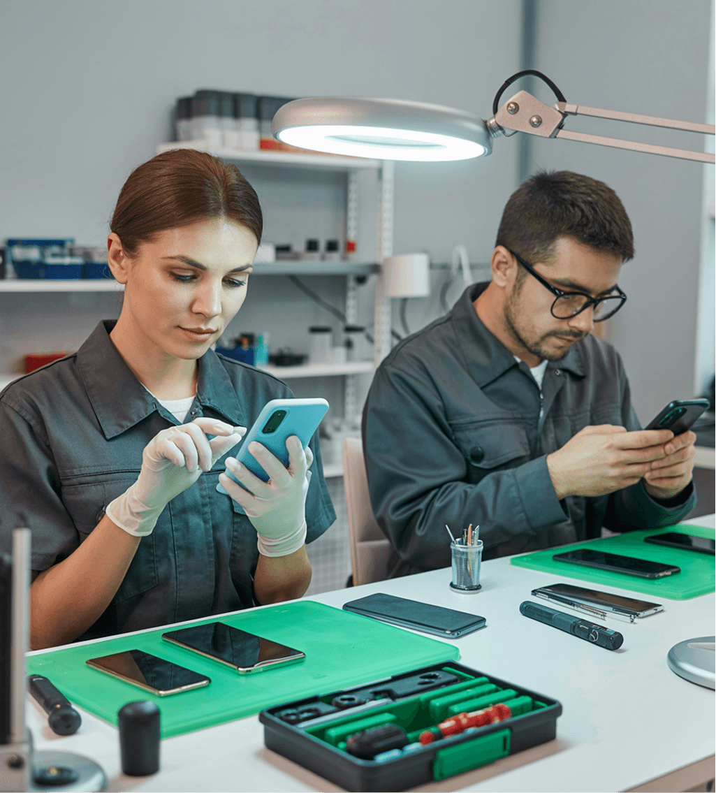 Technician repairing smartphone with precision tools Image