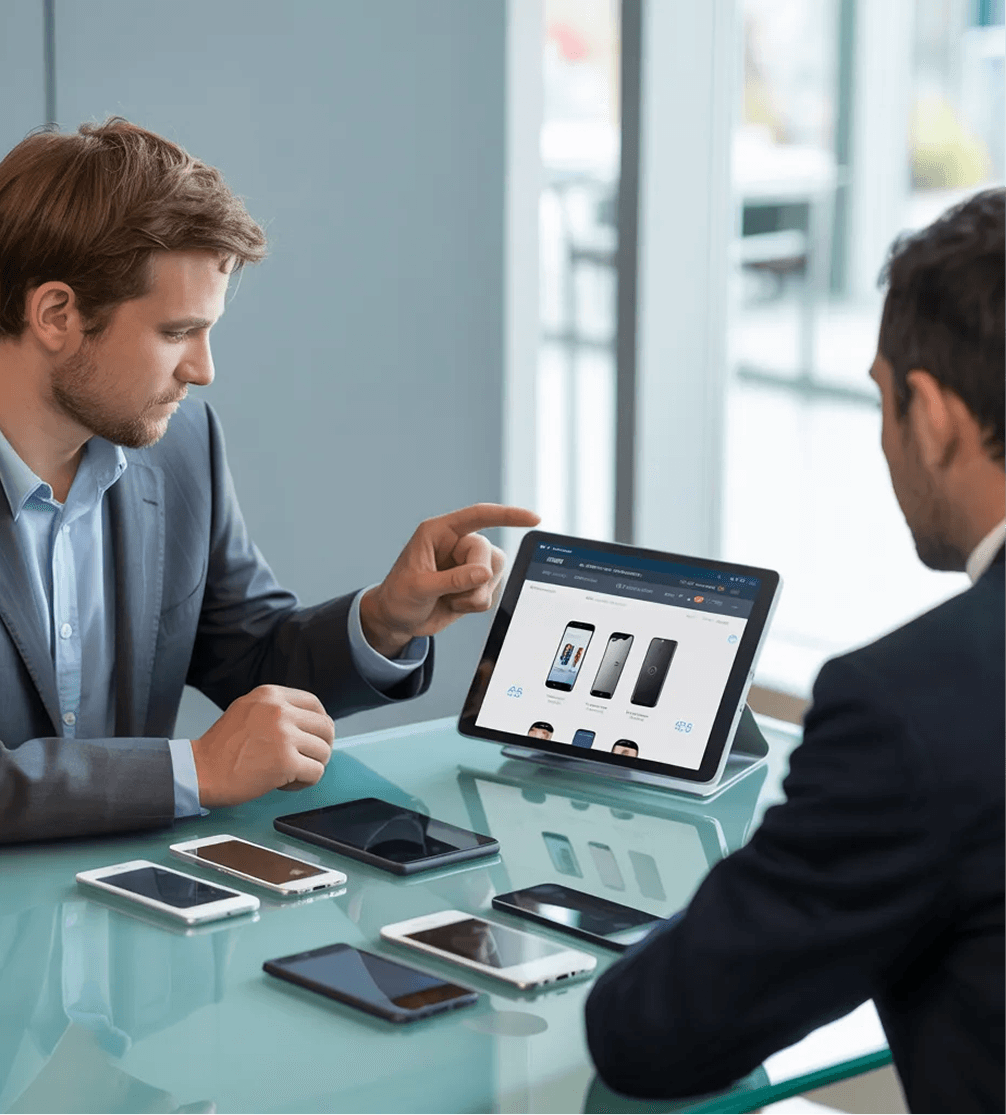 two businessmen office discussion digital tablet image