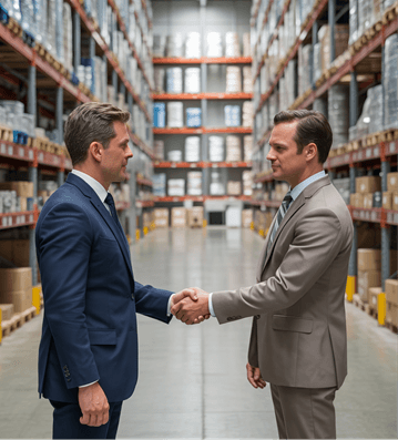 image of two businessmen shaking hands in a warehouse