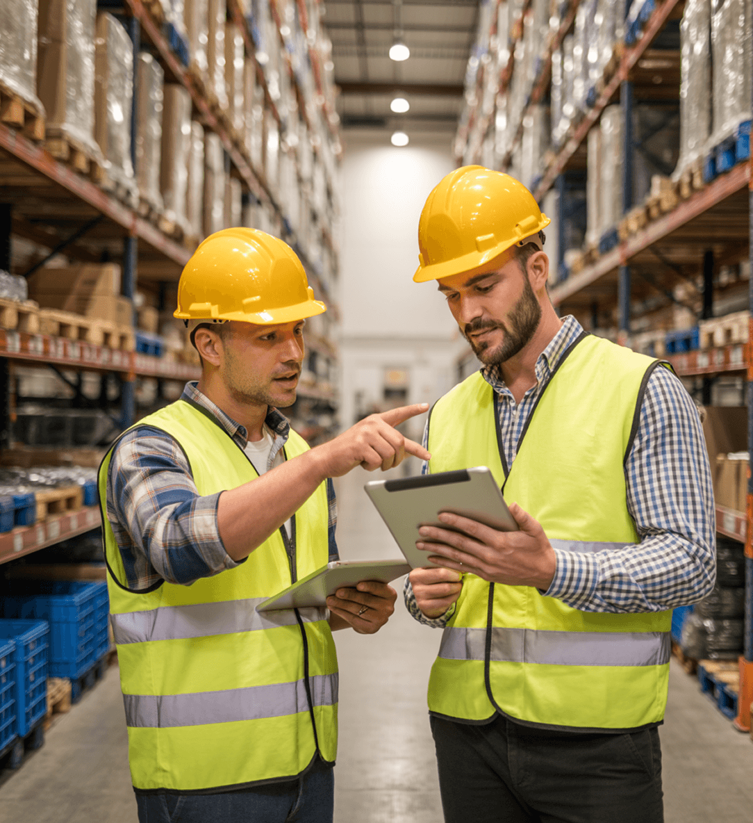 Warehouse Workers Using Digital Tablet for Inventory Management