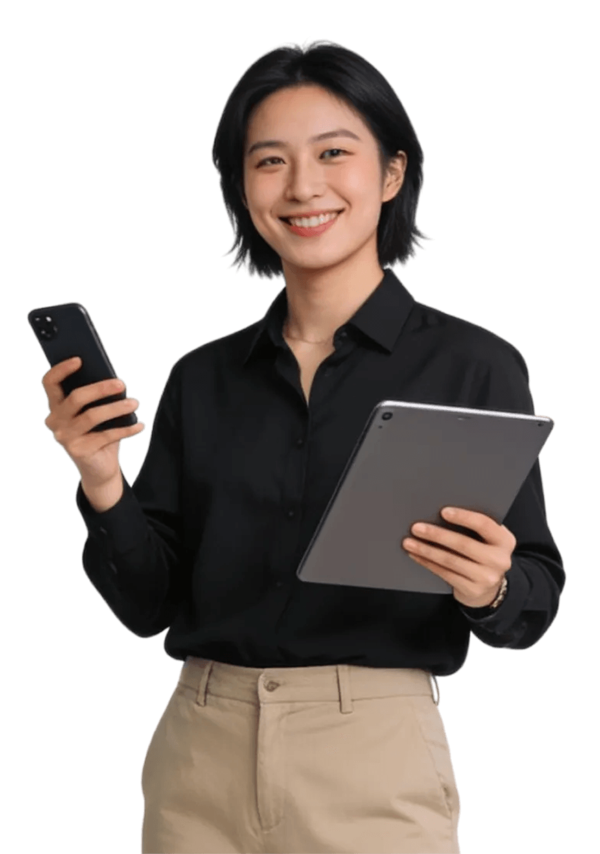 image of woman using mobile and tablet